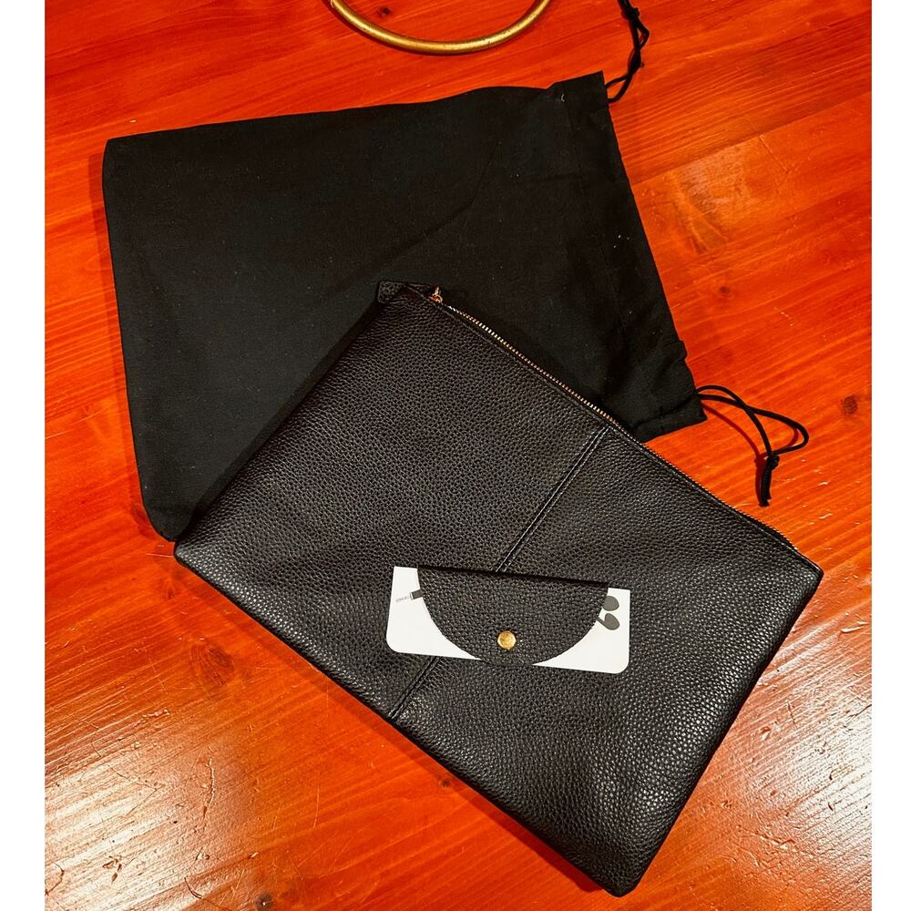 NWOT - Black Leather Laptop Case w/ Leather Cord Keeper in Soft Fabric Pouch